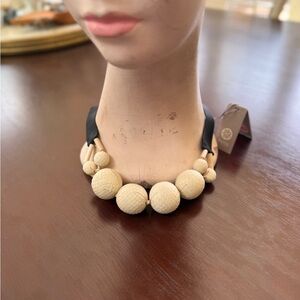 Textured Beige Bead Necklace with Black Ribbon